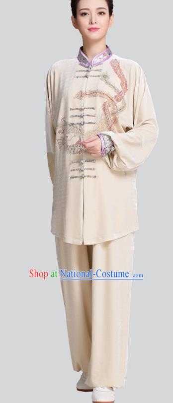 China Traditional Diamante Phoenix Beige Pleuche Uniforms Kung Fu Tai Chi Clothing