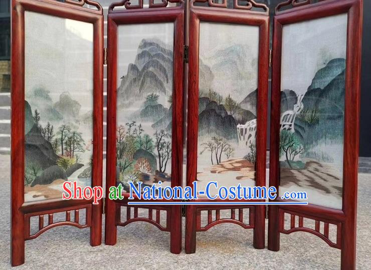 Chinese Double Side Embroidery Landscape Table Screen Handmade Rosewood Desk Folding Screen