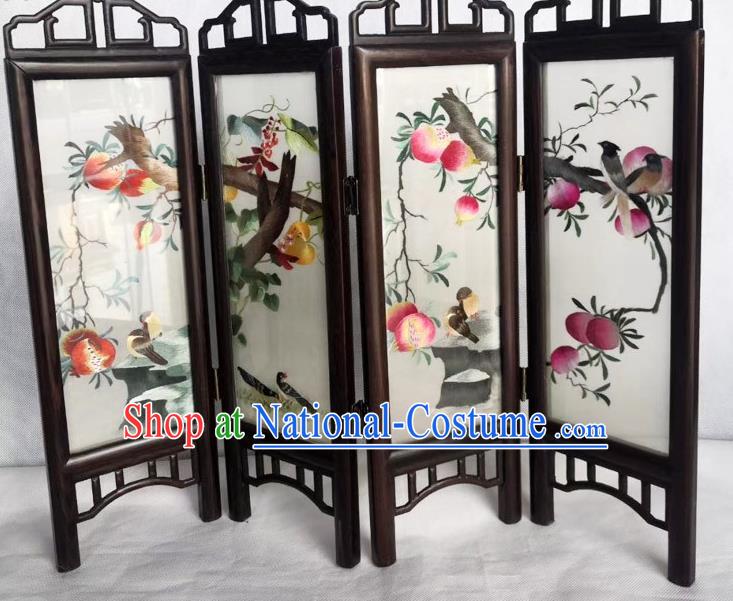 Chinese Handmade Desk Ornaments Rosewood Folding Screen Craft Suzhou Embroidery Peach Pomegranate Table Screen