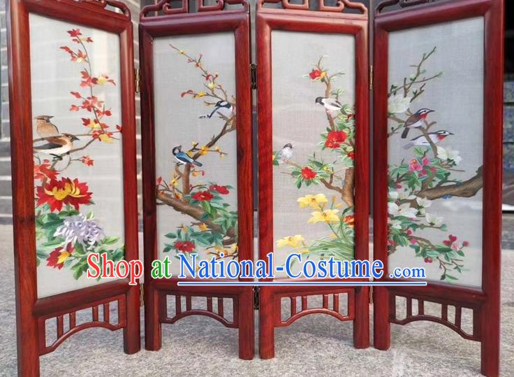 Chinese Handmade Desk Ornaments Rosewood Folding Screen Double Side Embroidery Flowers Birds Table Screen Craft