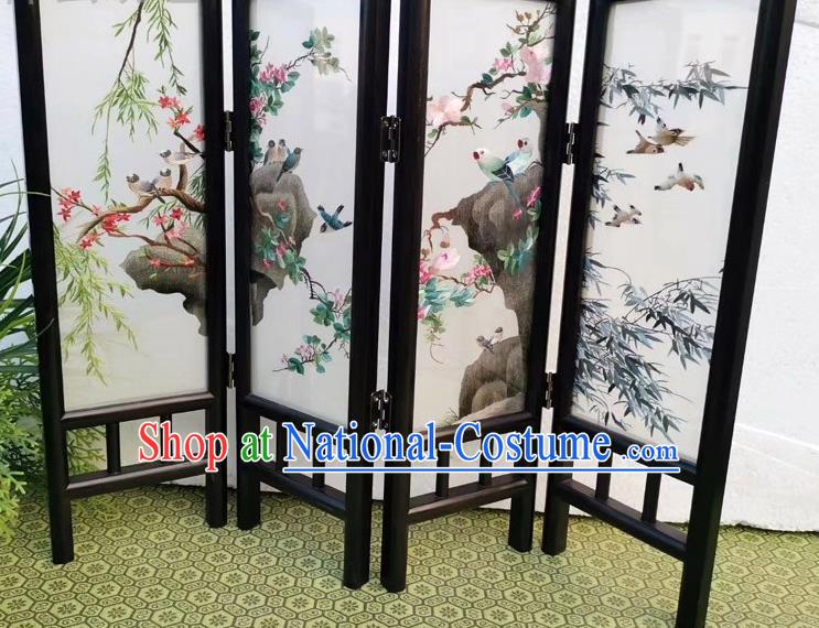 Chinese Blackwood Folding Screen Double Side Embroidery Flowers Birds Table Screen Craft Handmade Desk Ornaments