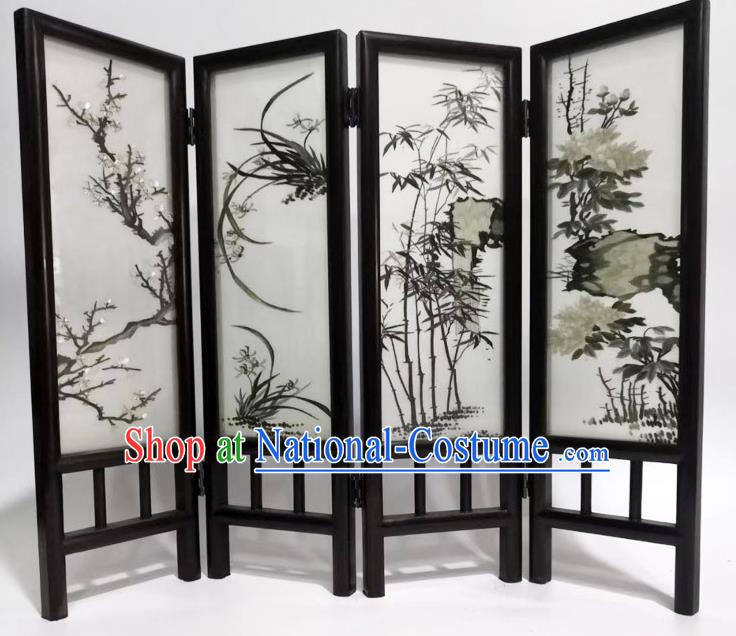 Chinese Suzhou Embroidery Plum Orchids Bamboo Chrysanthemum Table Screen Craft Handmade Desk Ornaments Blackwood Folding Screen