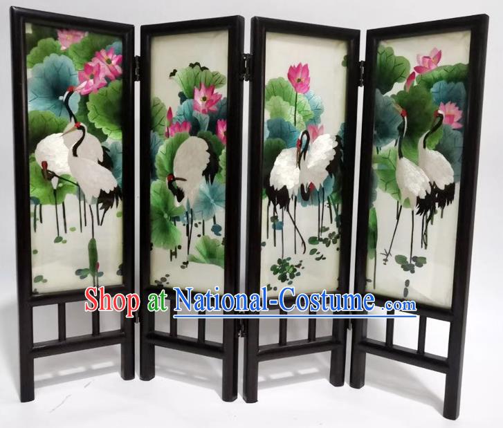 Chinese Handmade Desk Ornaments Blackwood Folding Screen Suzhou Embroidery Crane Lotus Table Screen Craft