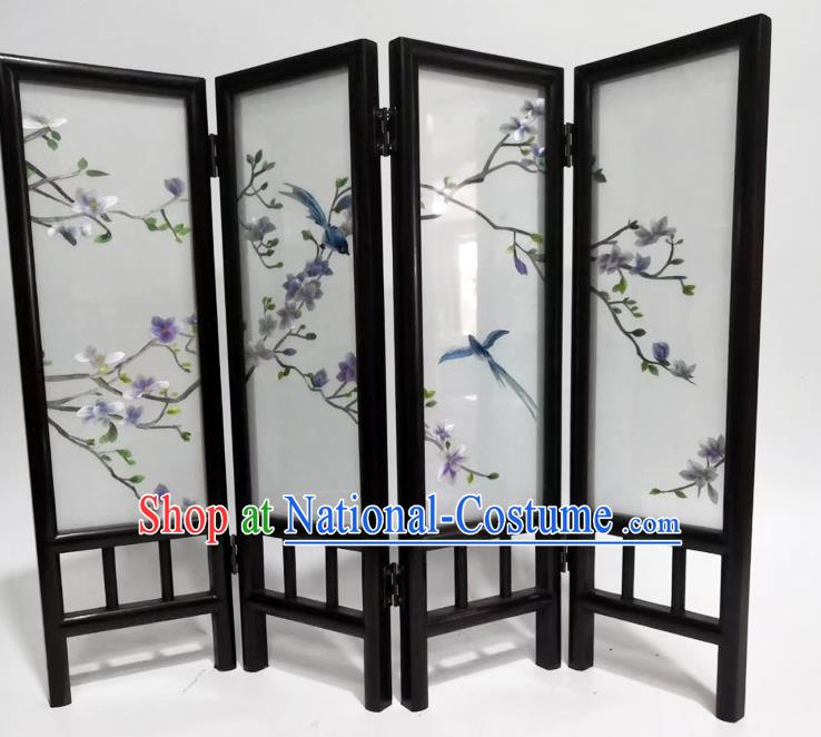 Chinese Blackwood Folding Screen Handmade Desk Decoration Suzhou Embroidery Purple Mangnolia Table Screen