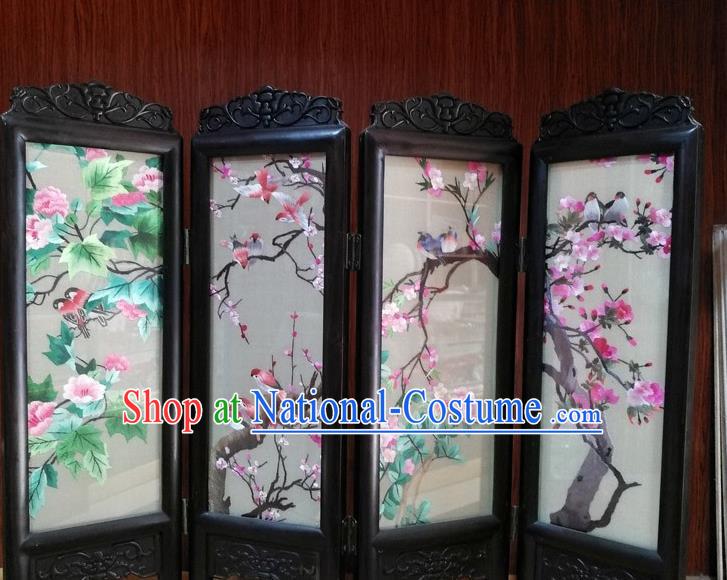 Chinese Suzhou Embroidered Flowers Birds Table Screen Blackwood Folding Screen Handmade Desk Decoration