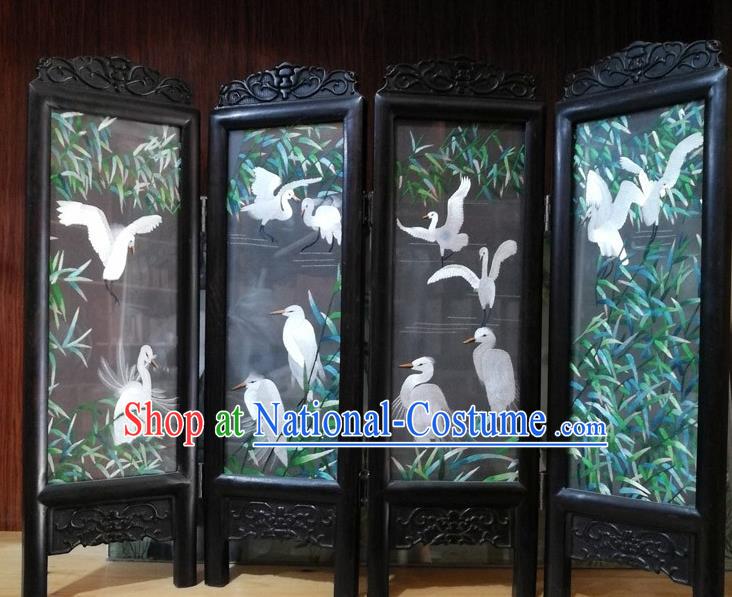 Chinese Handmade Desk Decoration Suzhou Embroidered Reed Cranes Table Screen Blackwood Folding Screen