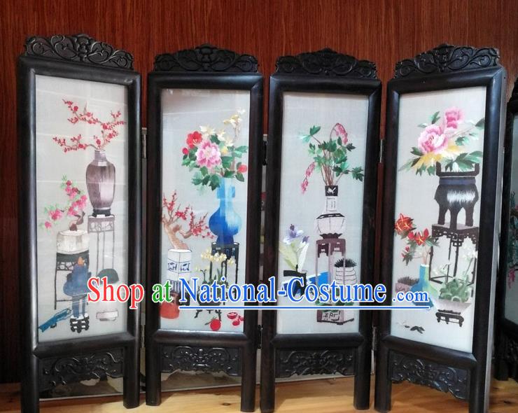 Chinese Traditional Blackwood Folding Screen Handmade Desk Decoration Suzhou Embroidered Flower Vase Table Screen