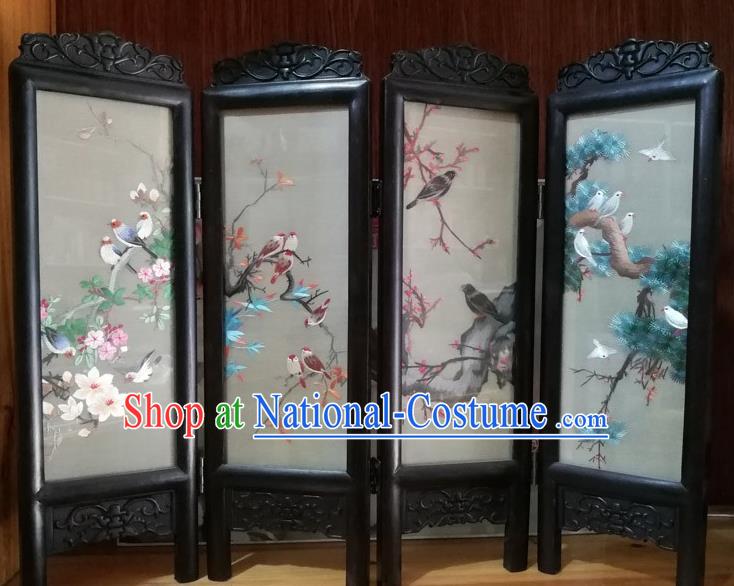 Chinese Suzhou Embroidered Table Screen Traditional Blackwood Folding Screen Handmade Desk Decoration