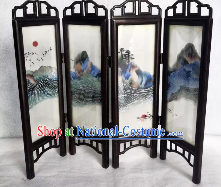 Chinese Rosewood Folding Screen Craft Suzhou Embroidery Landscape Table Screen Handmade Desk Ornaments