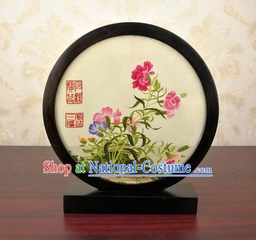 China Traditional Suzhou Embroidered Peony Table Screen Artware Handmade Blackwood Desk Screen