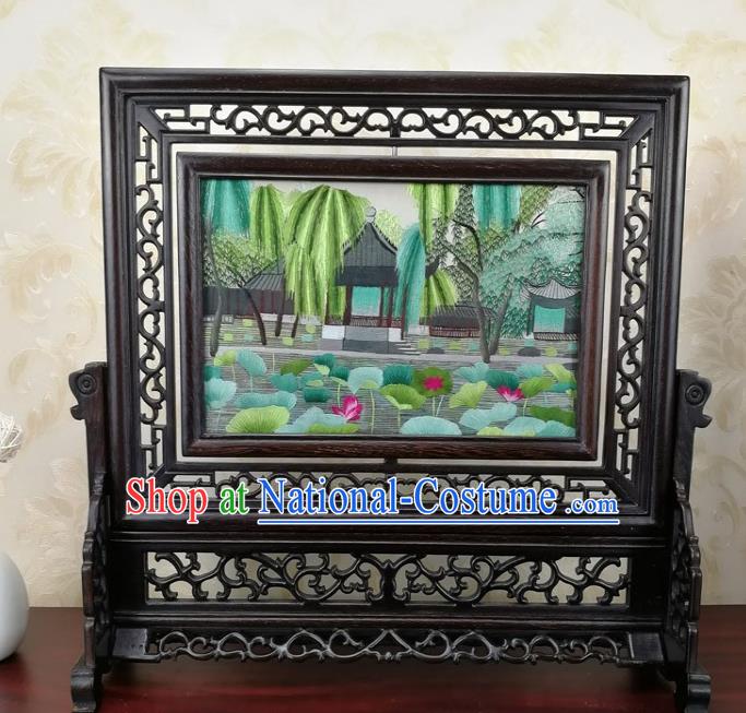 Chinese Traditional Handmade Wenge Carving Rotatable Screen Suzhou Embroidered Daming Lake Table Screen