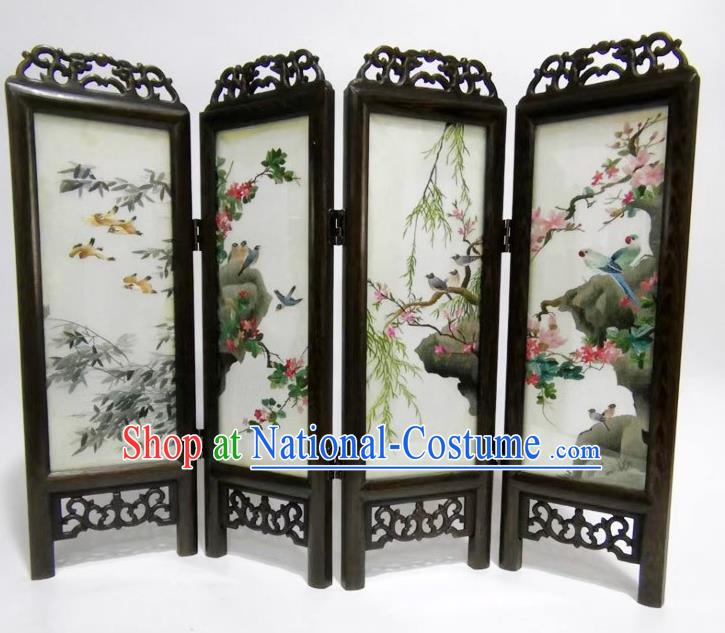 Chinese Handmade Flowers Birds Folding Screen Craft Suzhou Embroidery Table Screen Desk Ornaments