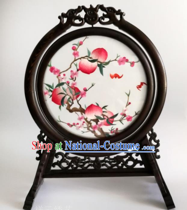 China Traditional Double Side Embroidered Peach Blossom Table Screen Artware Handmade Wenge Carving Dragon Desk Screen