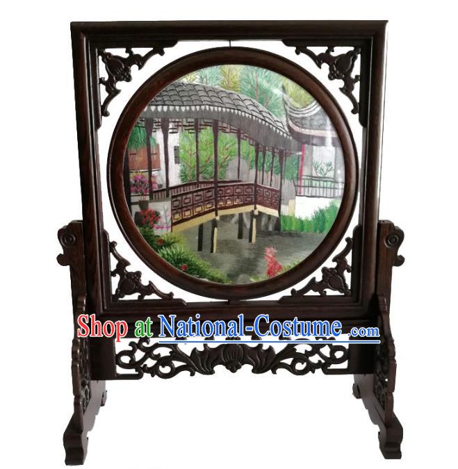 Chinese Traditional Wenge Rotatable Screen Handmade Suzhou Embroidered Corridor Table Screen