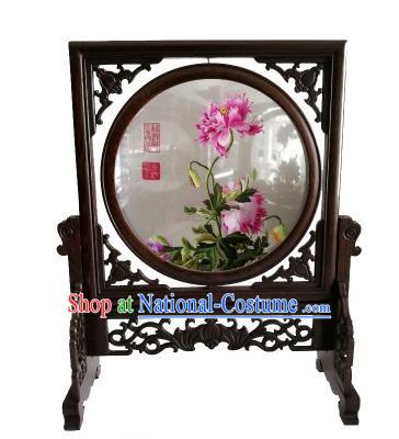 Chinese Handmade Suzhou Embroidered Harbaceous Peony Table Screen Traditional Wenge Rotatable Screen Craft