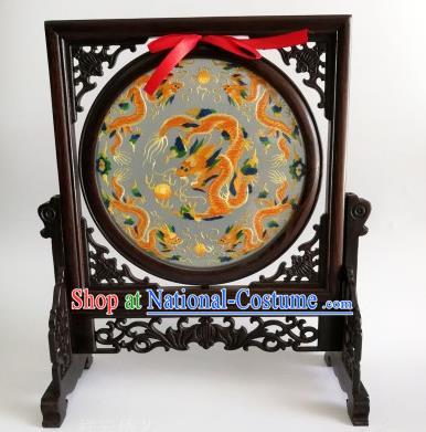 Chinese Traditional Wenge Rotatable Screen Craft Handmade Double Side Embroidered Dragons Table Screen