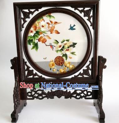 Chinese Embroidered Pear Blossom Table Screen Traditional Wenge Rotatable Screen Handmade Double Side Silk Screen