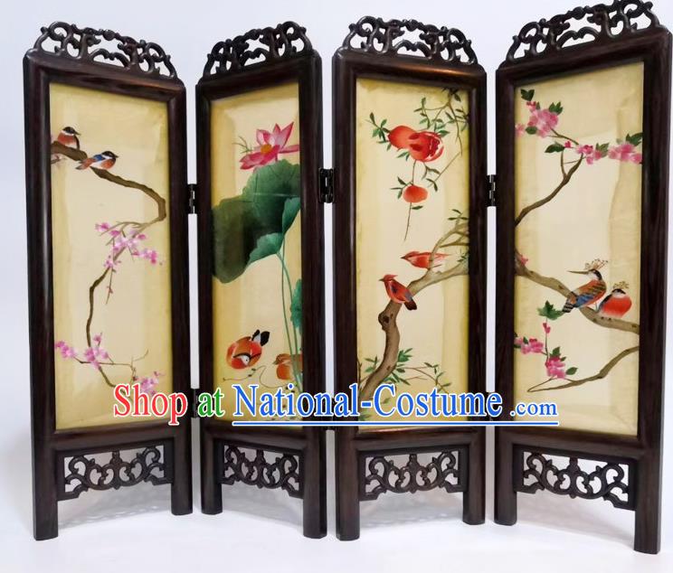 Chinese Desk Ornaments Handmade Flowers Birds Folding Screen Craft Suzhou Embroidery Table Screen