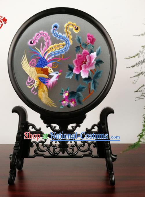 China Suzhou Embroidery Phoenix Peony Table Screen Traditional Handmade Blackwood Desk Ornament Black Silk Screen