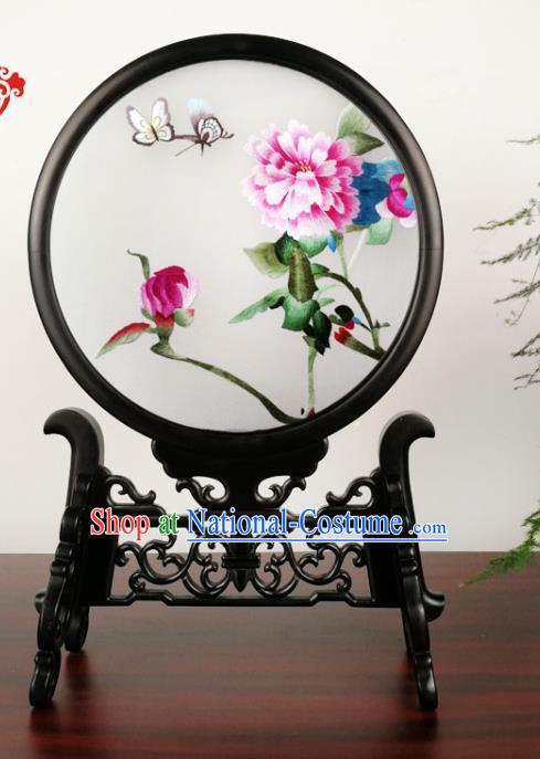 China Traditional Handmade Blackwood Desk Ornament Double Side Silk Screen Suzhou Embroidery Peony Table Screen