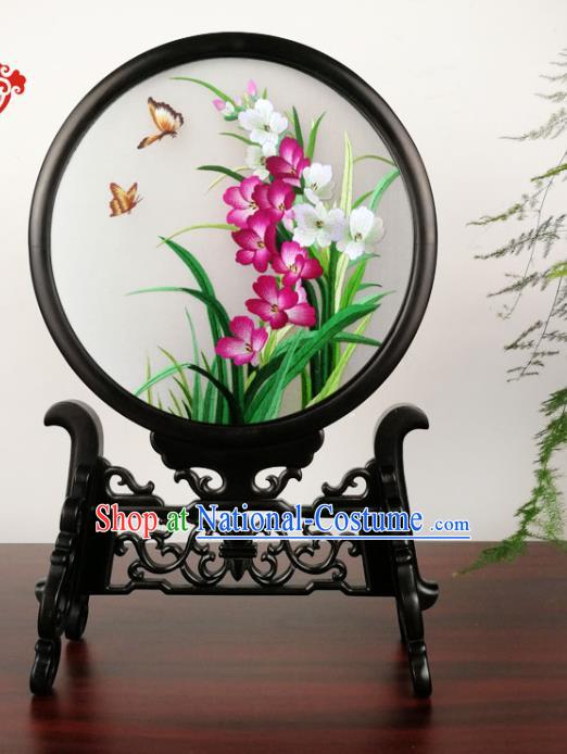 China Double Side Silk Screen Suzhou Embroidery Orchids Table Screen Traditional Handmade Blackwood Desk Ornament