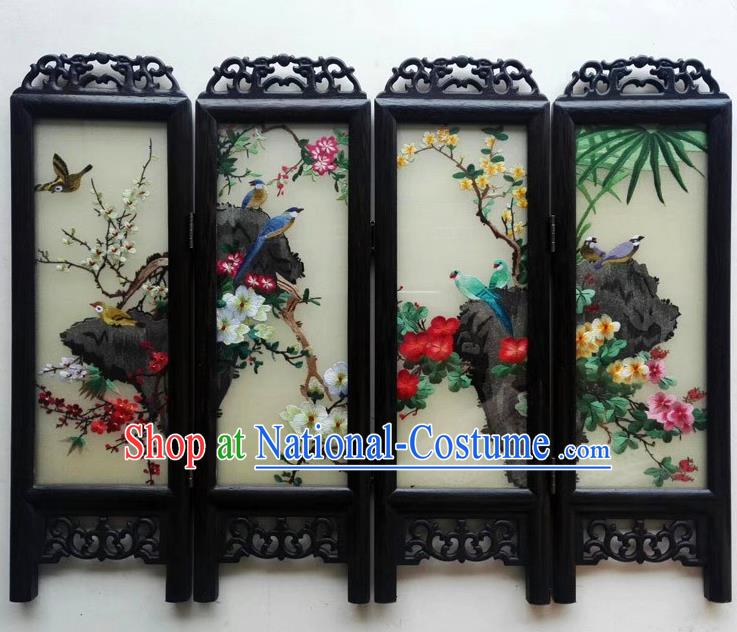 Chinese Suzhou Embroidery Table Screen Desk Ornaments Handmade Flowers Birds Folding Screen Craft