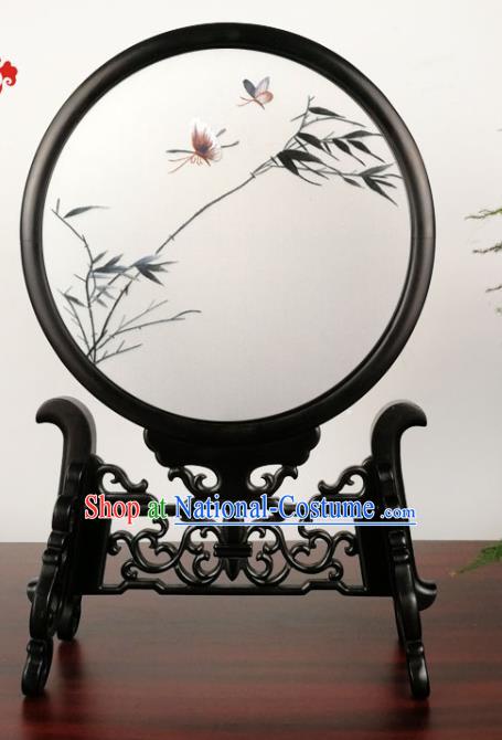 China Traditional Double Side Silk Screen Suzhou Embroidery Reed Table Screen Handmade Blackwood Desk Artware