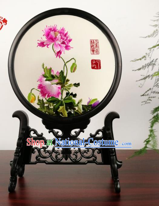 China Suzhou Embroidery Double Side Silk Screen Handmade Blackwood Table Screen