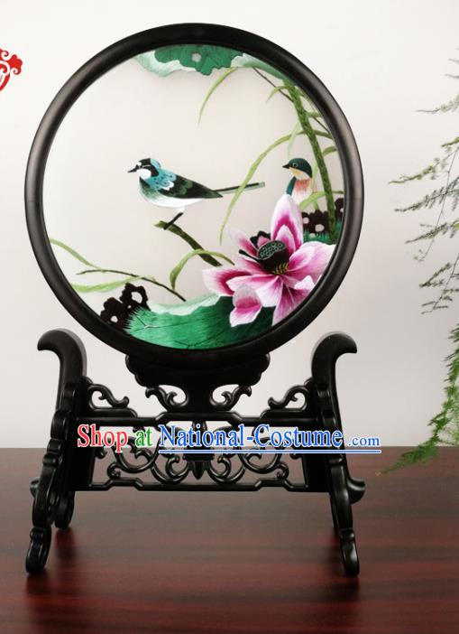 China Double Side Silk Screen Handmade Blackwood Table Screen Suzhou Embroidery Lotus Craft