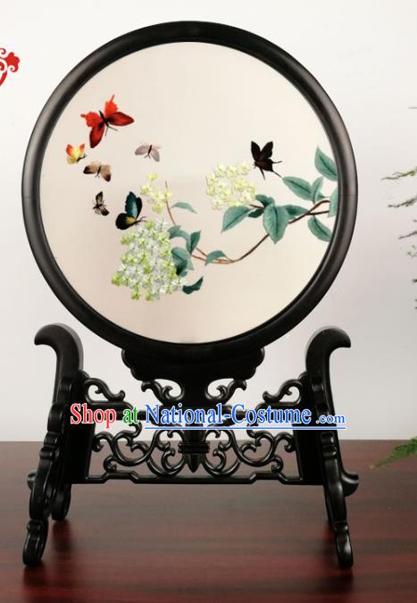 China Handmade Blackwood Table Screen Suzhou Embroidery Hydrangea Craft Double Side Silk Screen