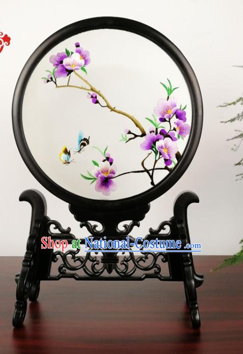 China Suzhou Embroidery Plum Blossom Double Side Screen Handmade Blackwood Carving Table Screen