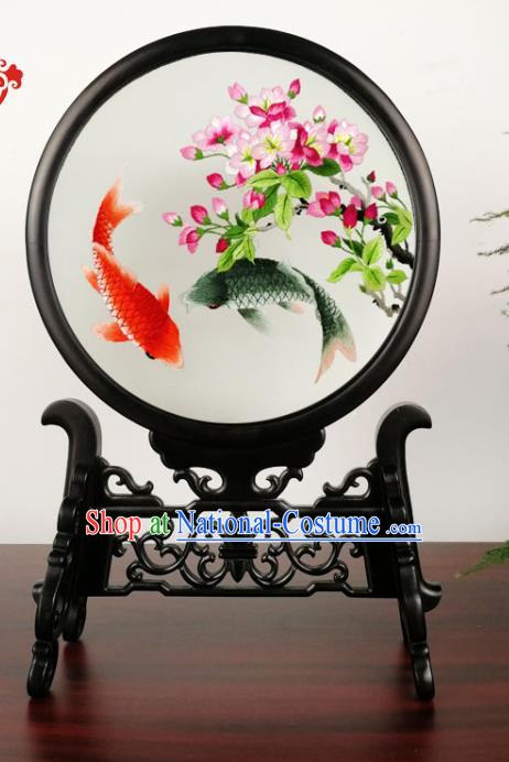 China Handmade Blackwood Carving Table Screen Suzhou Double Side Embroidery Begonia Carps Desk Screen