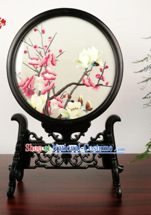 China Handmade Embroidered Mangnolia Plum Table Screen Traditional Double Side Embroidery Desk Screen