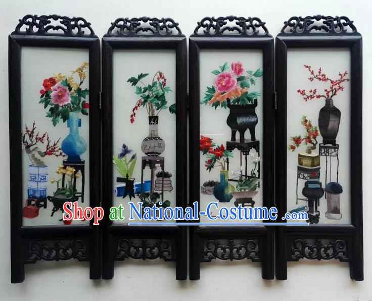 Chinese Handmade Wenge Folding Screen Suzhou Embroidery Flowers Vase Table Screen