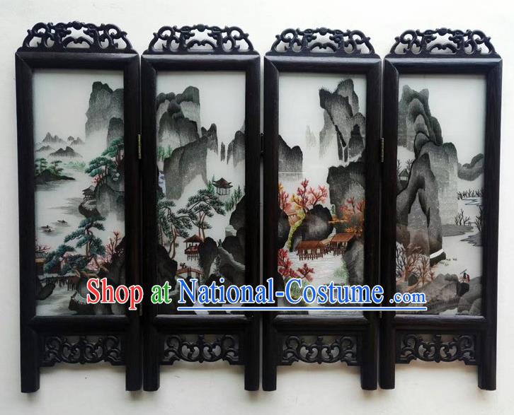 Chinese Suzhou Embroidery Landscape Table Screen Handmade Wenge Folding Screen