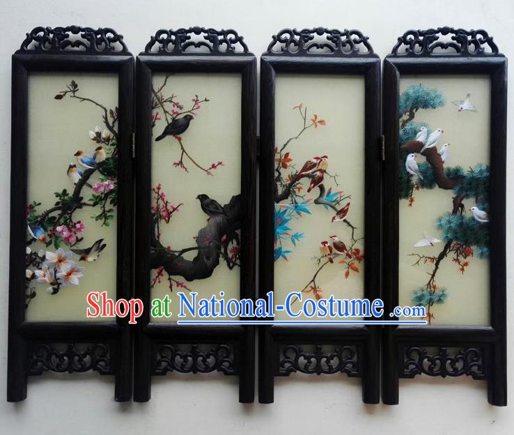 Chinese Handmade Wenge Byobu Folding Screen Double Side Embroidery Flowers Birds Table Screen