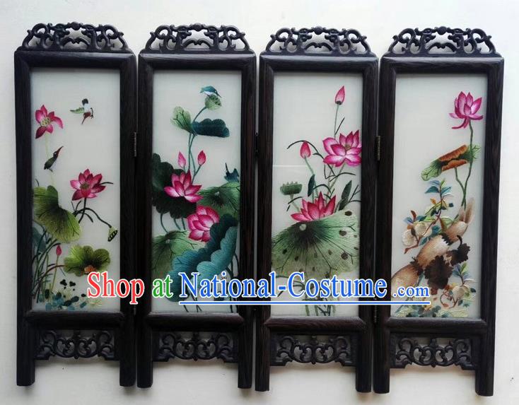 Chinese Double Side Embroidery Lotus Table Screen Handmade Wenge Byobu Folding Screen