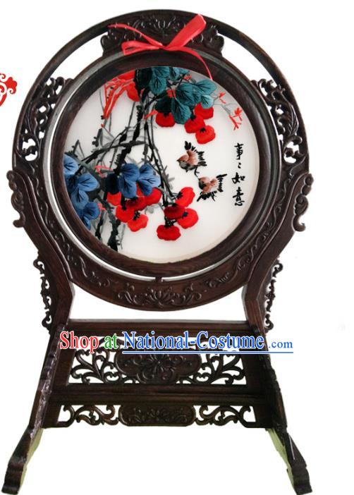 China Suzhou Double Side Embroidery Craft Handmade Wenge Table Ornament Embroidered Persimmons Desk Screen