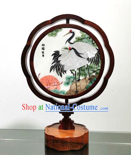 China Handmade Wood Decoration Table Lantern Screen Embroidered Cranes LED Bedside Lamp