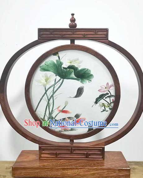 China Handmade Wood Desk Lantern Decoration Table Screen Suzhou Embroidered Lotus Fish LED Bedside Lamp