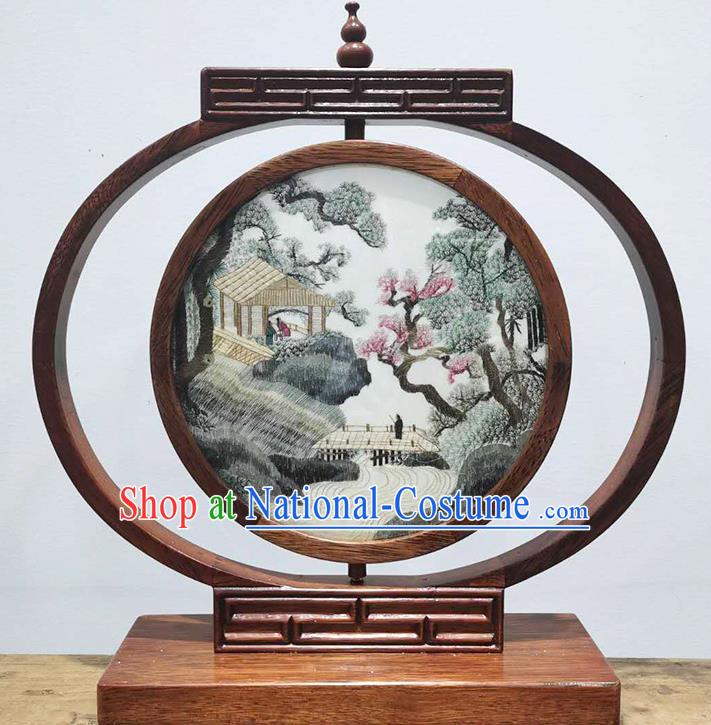 China Table Screen Suzhou Embroidered Mount Pavilion LED Bedside Lamp Handmade Wood Desk Lantern Decoration