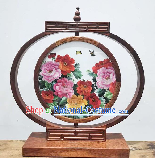 China Suzhou Embroidered Peony Bedside Lamp Handmade Wood Table Screen Decoration LED Desk Lantern