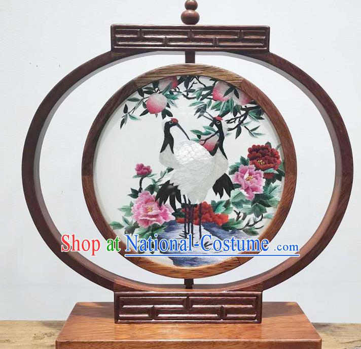 China Handmade Wood Table Screen Decoration LED Desk Lantern Suzhou Embroidered Crane Peony Bedside Lamp