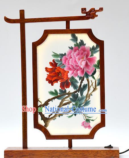 China LED Desk Lantern Suzhou Embroidered Peony Bedside Lamp Handmade Wood Table Decoration