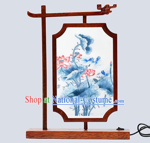 China Handmade Wood Table Decoration LED Desk Lantern Suzhou Embroidered Lotus Bedside Lamp