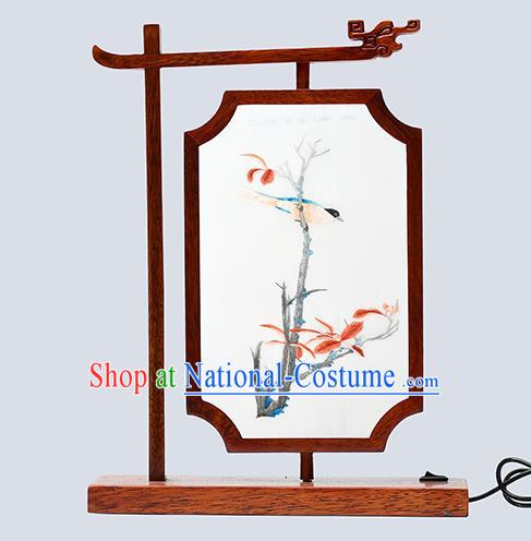 China Suzhou Embroidered Autumn Leaf Desk Lamp Handmade Wood Table LED Lantern Decoration