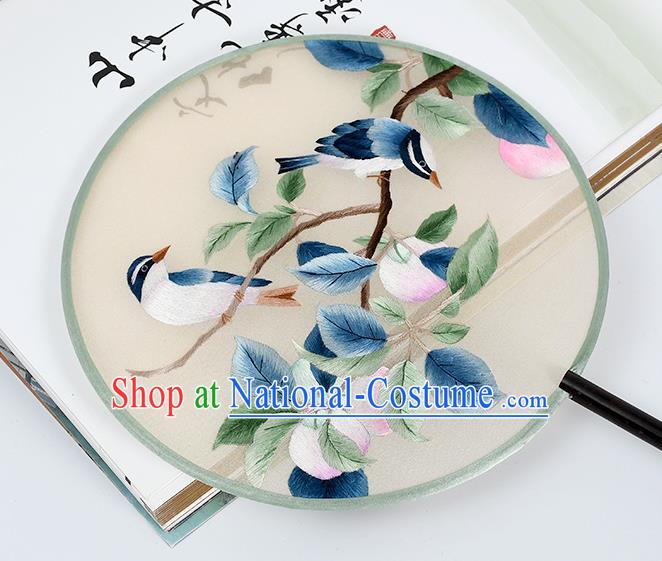 China Traditional Suzhou Embroidered Peach Birds Circular Fan Handmade Palace Fan Classical Dance Silk Fan