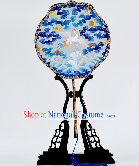 China Handmade Palace Fan Classical Mottled Bamboo Fan Traditional Embroidered Cloud Crane Silk Fan