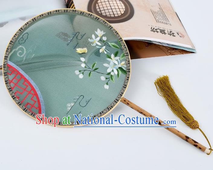 China Classical Green Silk Fan Traditional Embroidered Flowers Butterfly Fan Handmade Mottled Bamboo Palace Fan