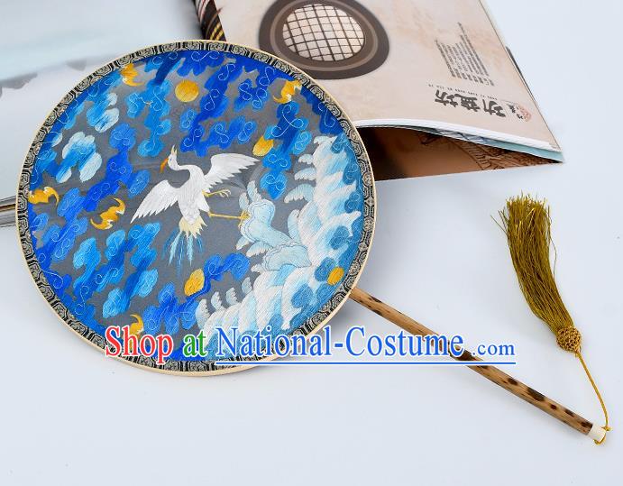 China Traditional Embroidered Cloud Crane Circular Fan Handmade Mottled Bamboo Palace Fan Classical Blue Silk Fan